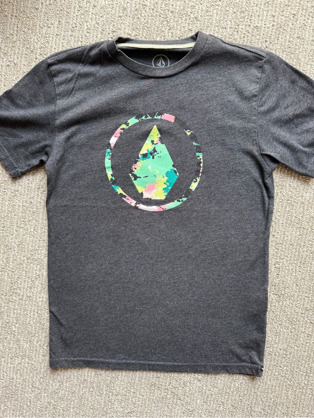 Volcom Boy’s Gray Short Sleeve Tee with Multicolor tie-dye Logo
